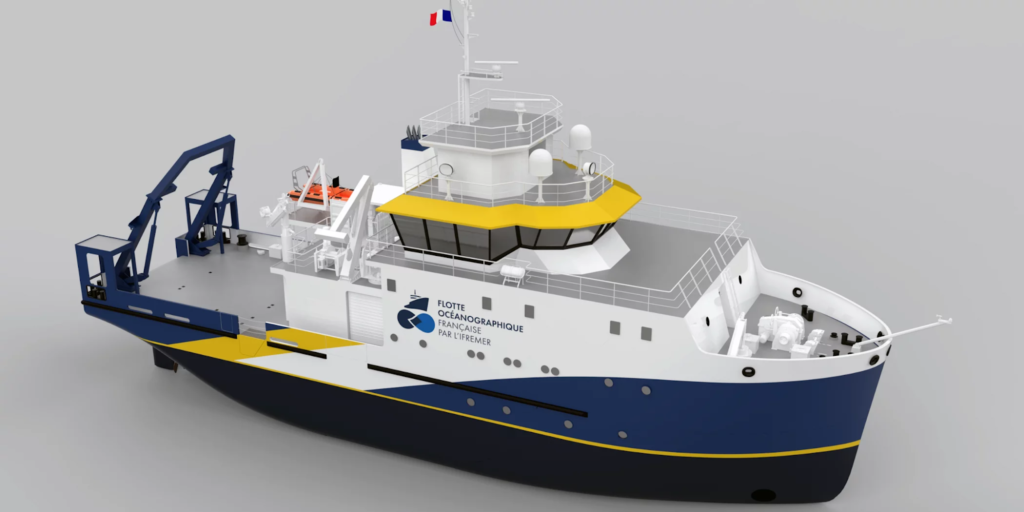 Vue 3D du nouveau navire de la flotte qui verra le jour en 2025, visible sur le site de l’Ifremer