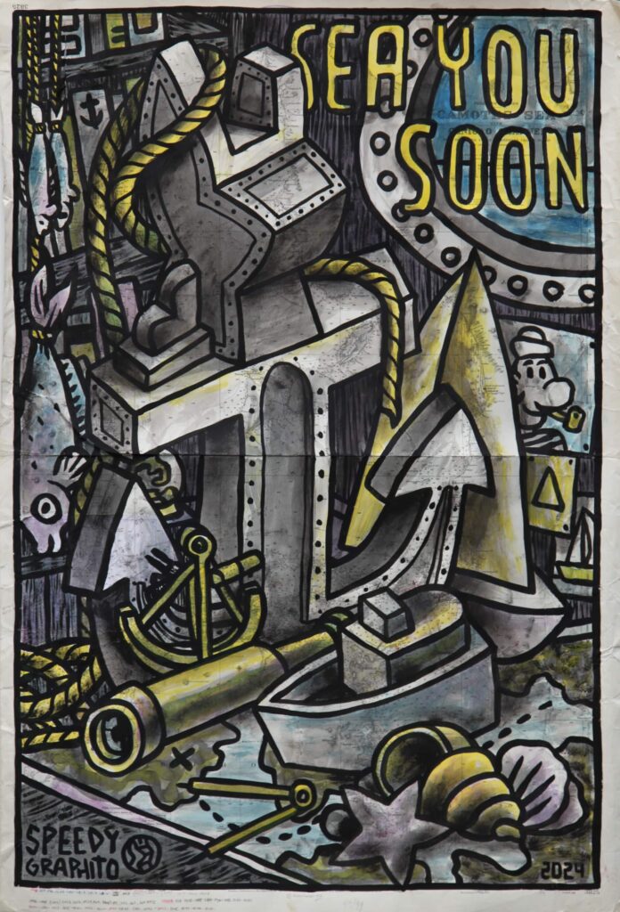 ©Un Trésor à la carte #2, Speedy Graphito, "Sea you soon", 2024, Acrylique sur papier / Carte signée et offerte par Corentin de Chatelperron